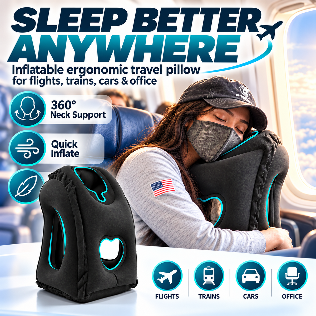 Sleep on Flights Instantly! Inflatable Travel Neck Pillow