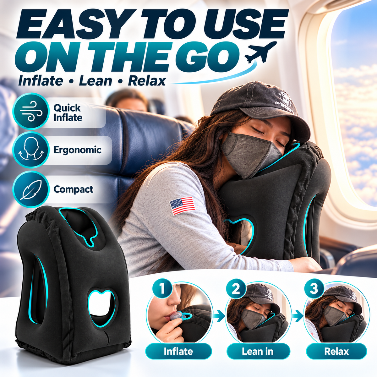 Sleep on Flights Instantly! Inflatable Travel Neck Pillow