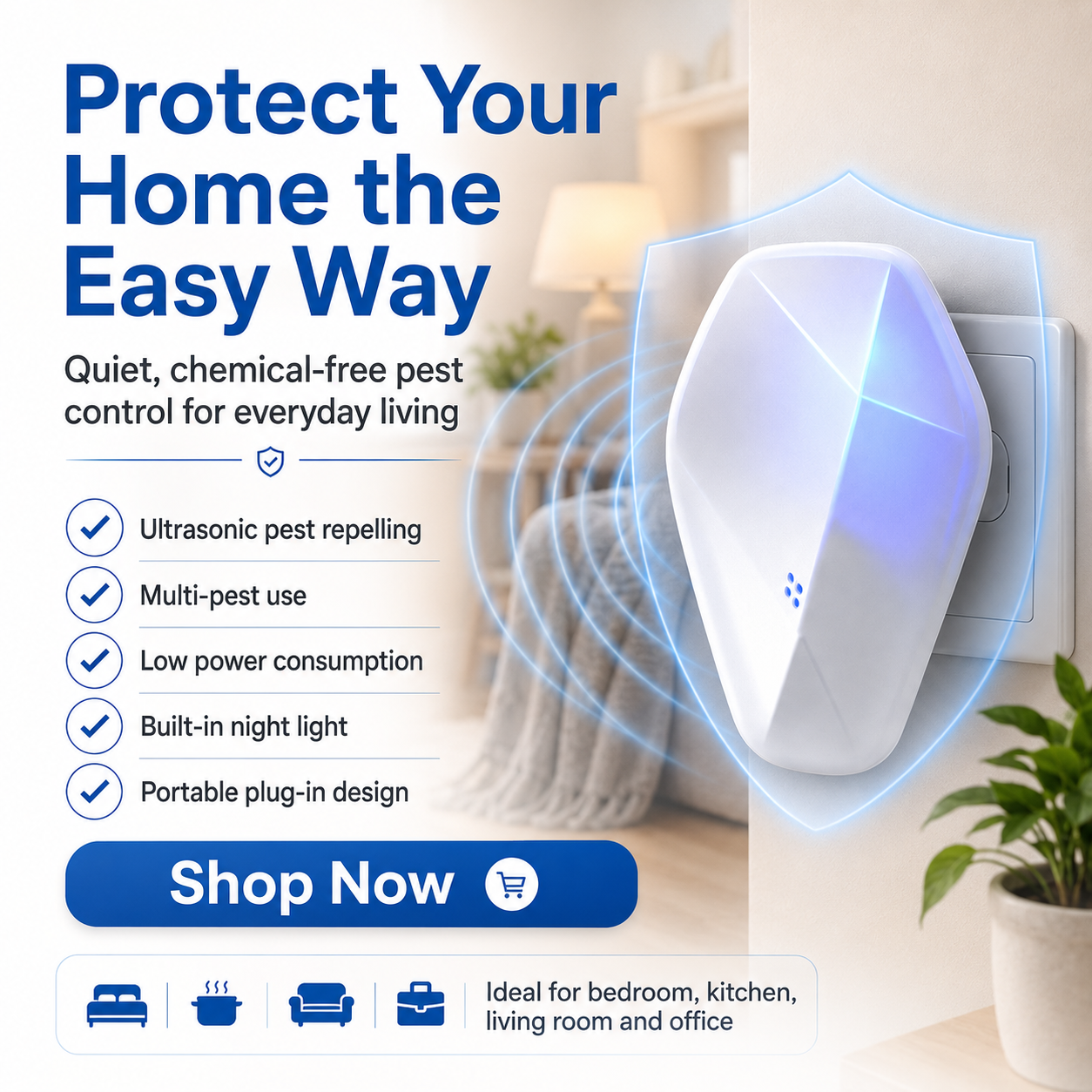 Repel Pests Instantly! No-Chemical Ultrasonic 3-in-1 Nightlight