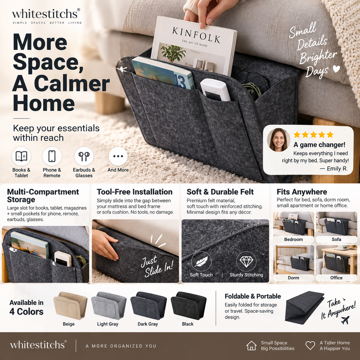 Organize Bedside Instantly! No-Tool Slide-In Storage Organizer
