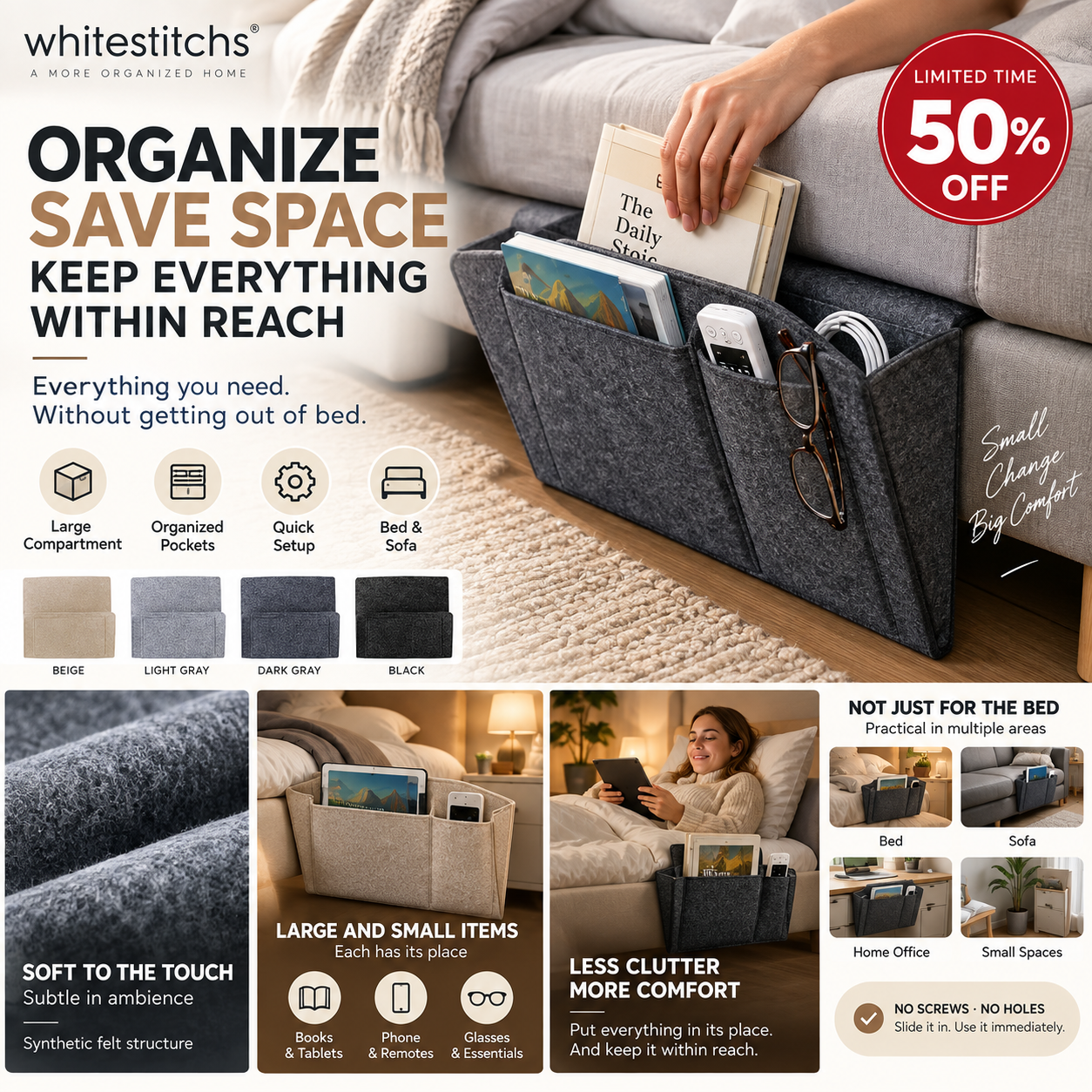 Organize Bedside Instantly! No-Tool Slide-In Storage Organizer