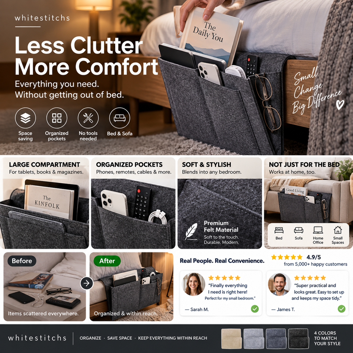 Organize Bedside Instantly! No-Tool Slide-In Storage Organizer