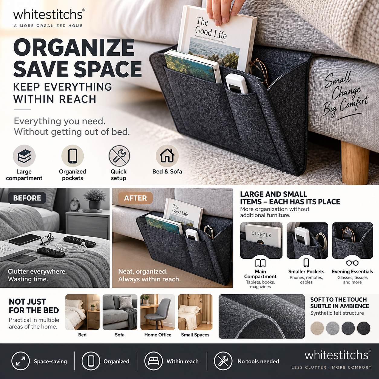 Organize Bedside Instantly! No-Tool Slide-In Storage Organizer