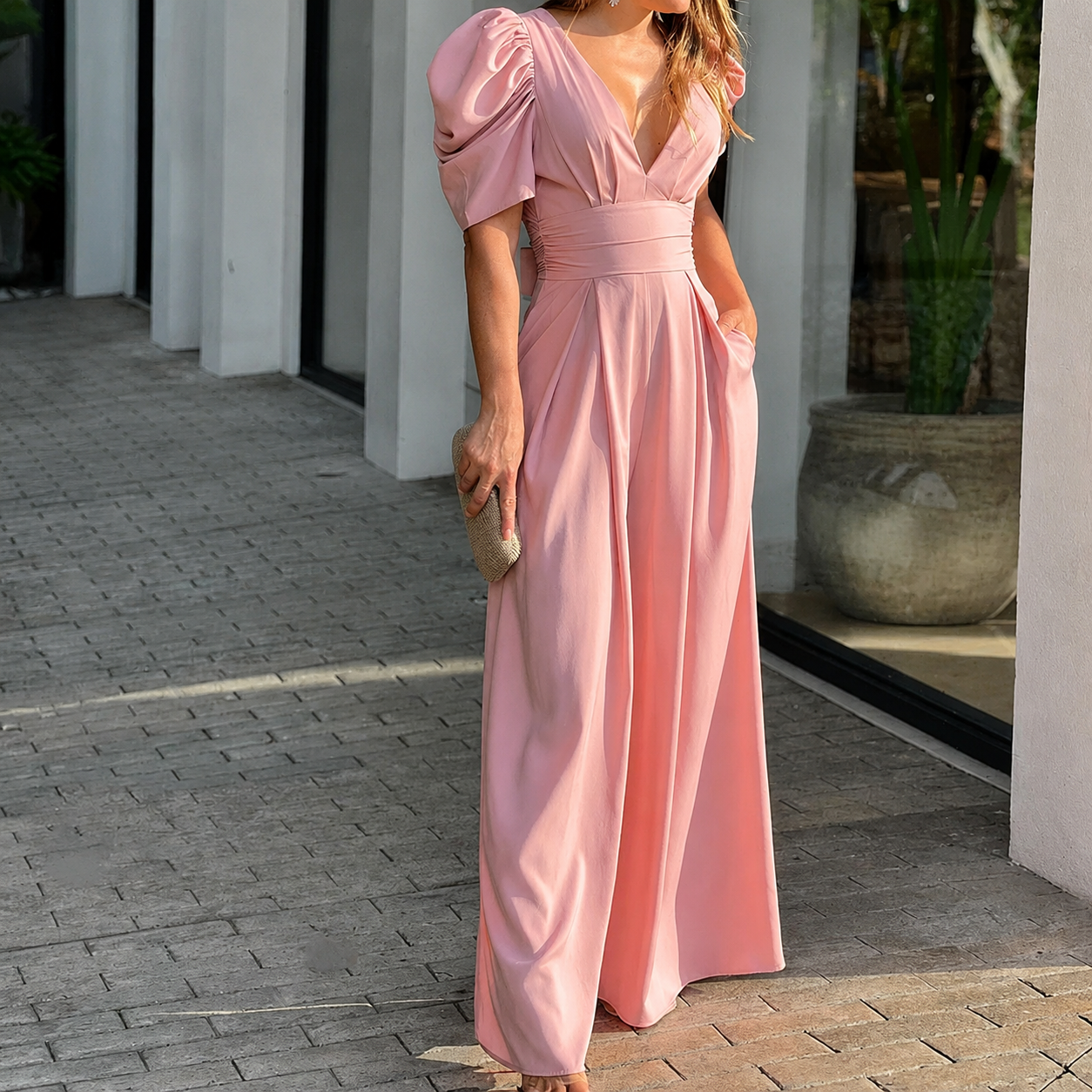 Flattering V-Neck Jumpsuit – Flowy Wide Leg, Soft & Breathable