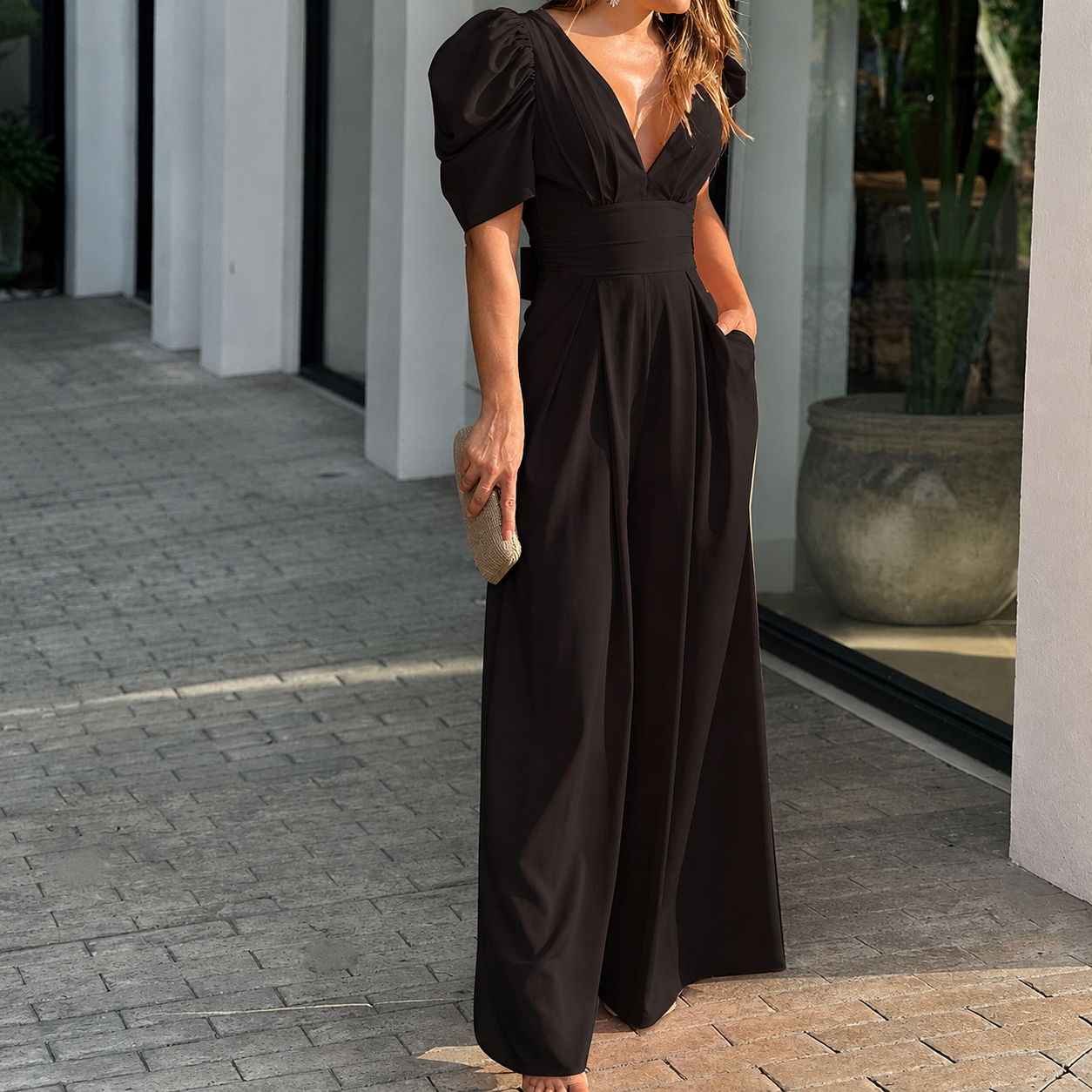 Flattering V-Neck Jumpsuit – Flowy Wide Leg, Soft & Breathable