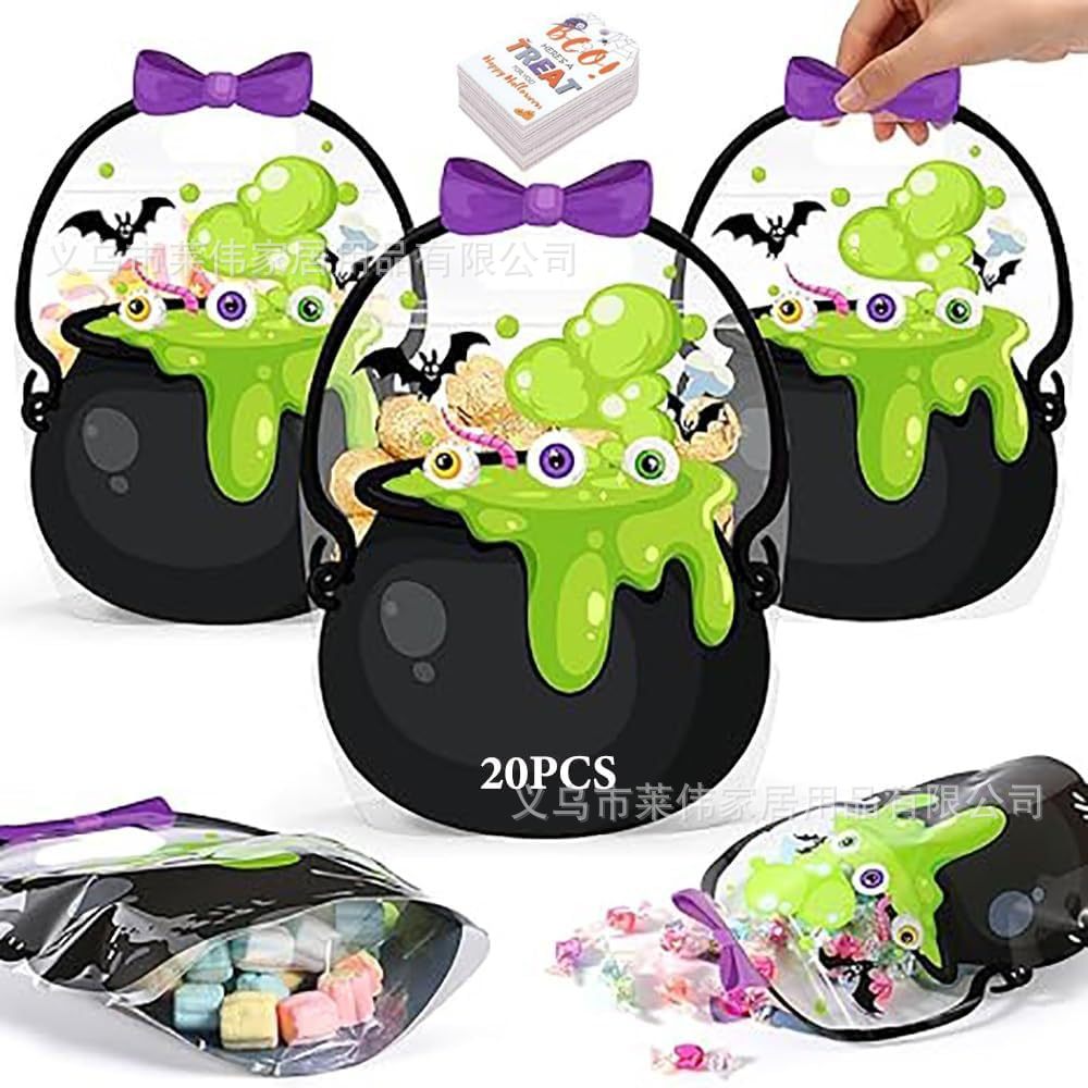 20-Pack Pumpkin Halloween Treat Bags – Resealable Clear Party Favour Bags with Handles