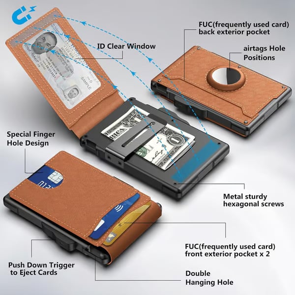 Aluminum RFID Wallet – AirTag Ready & Pop-Up Card Access