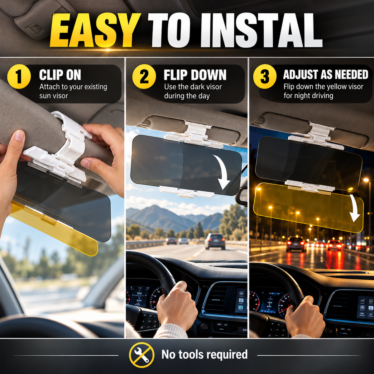 Reduce Glare Instantly! 2-in-1 Day & Night Clip-On Car Visor
