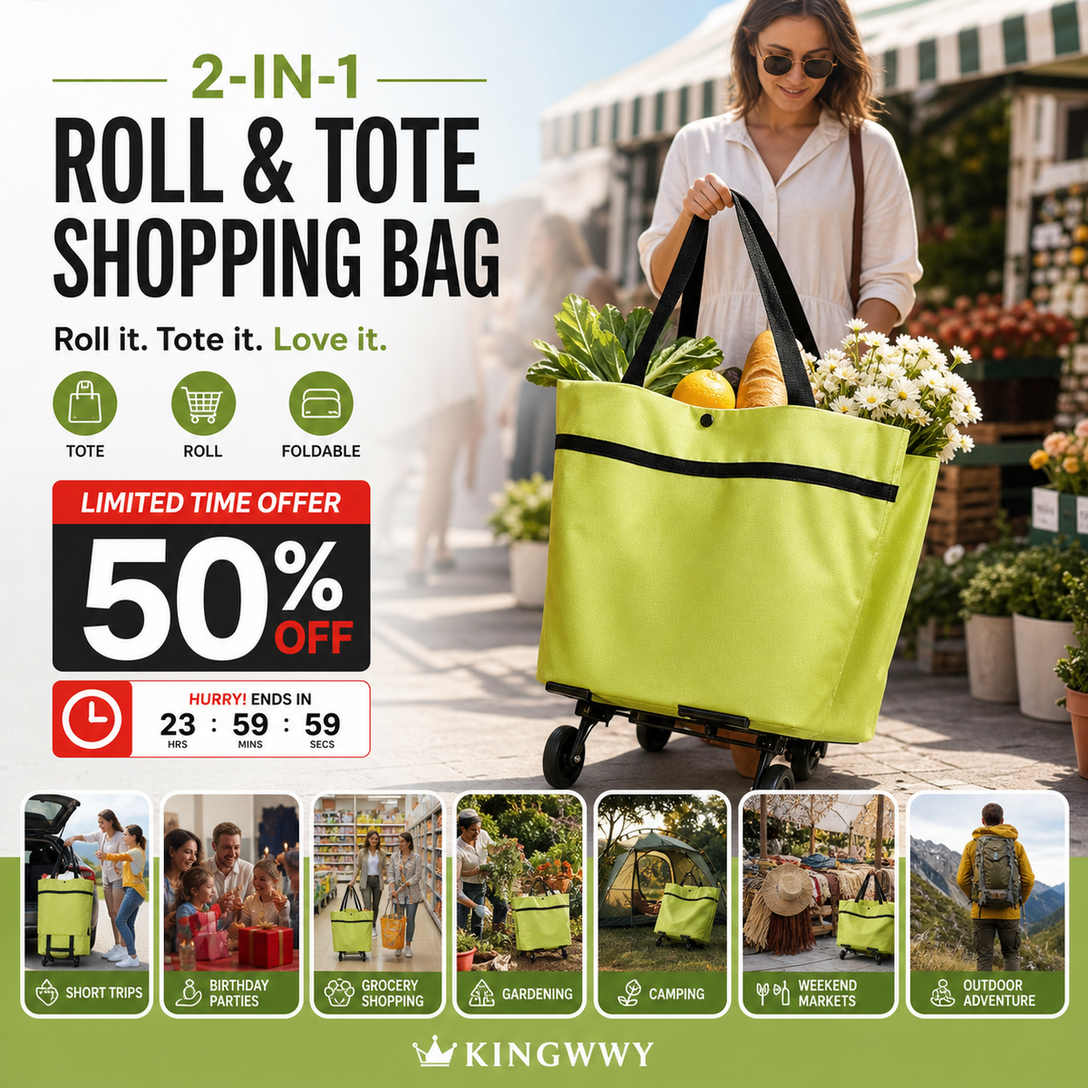 Lighten Your Load Instantly! Foldable 2-in-1 Shopping Trolley Bag