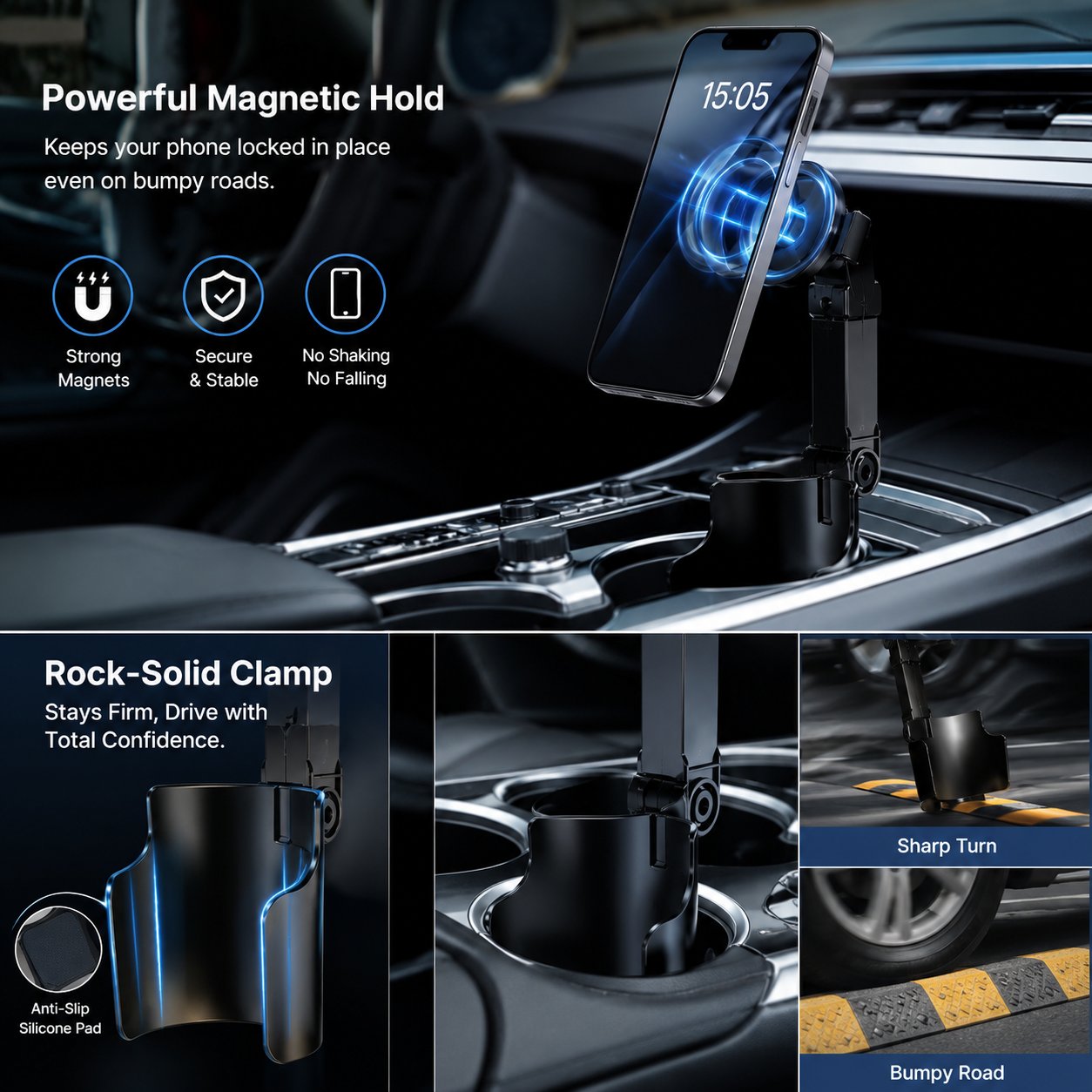 Cup Holder Phone Mount – 360° Stable & Adjustable Design, No More Flimsy Suction Drops