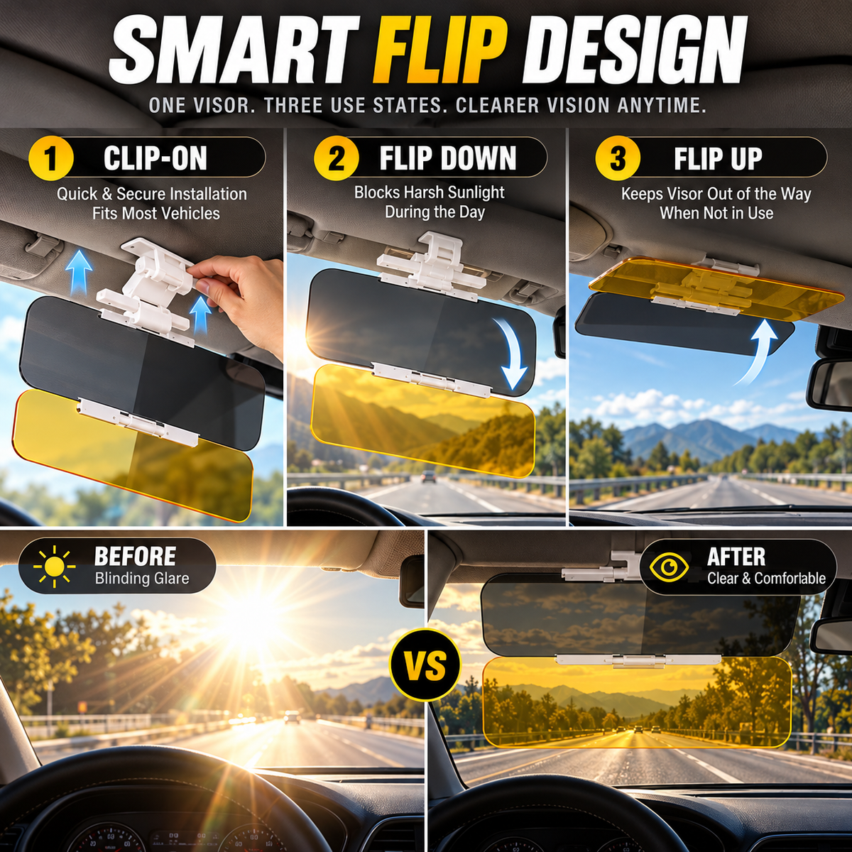 Reduce Glare Instantly! 2-in-1 Day & Night Clip-On Car Visor