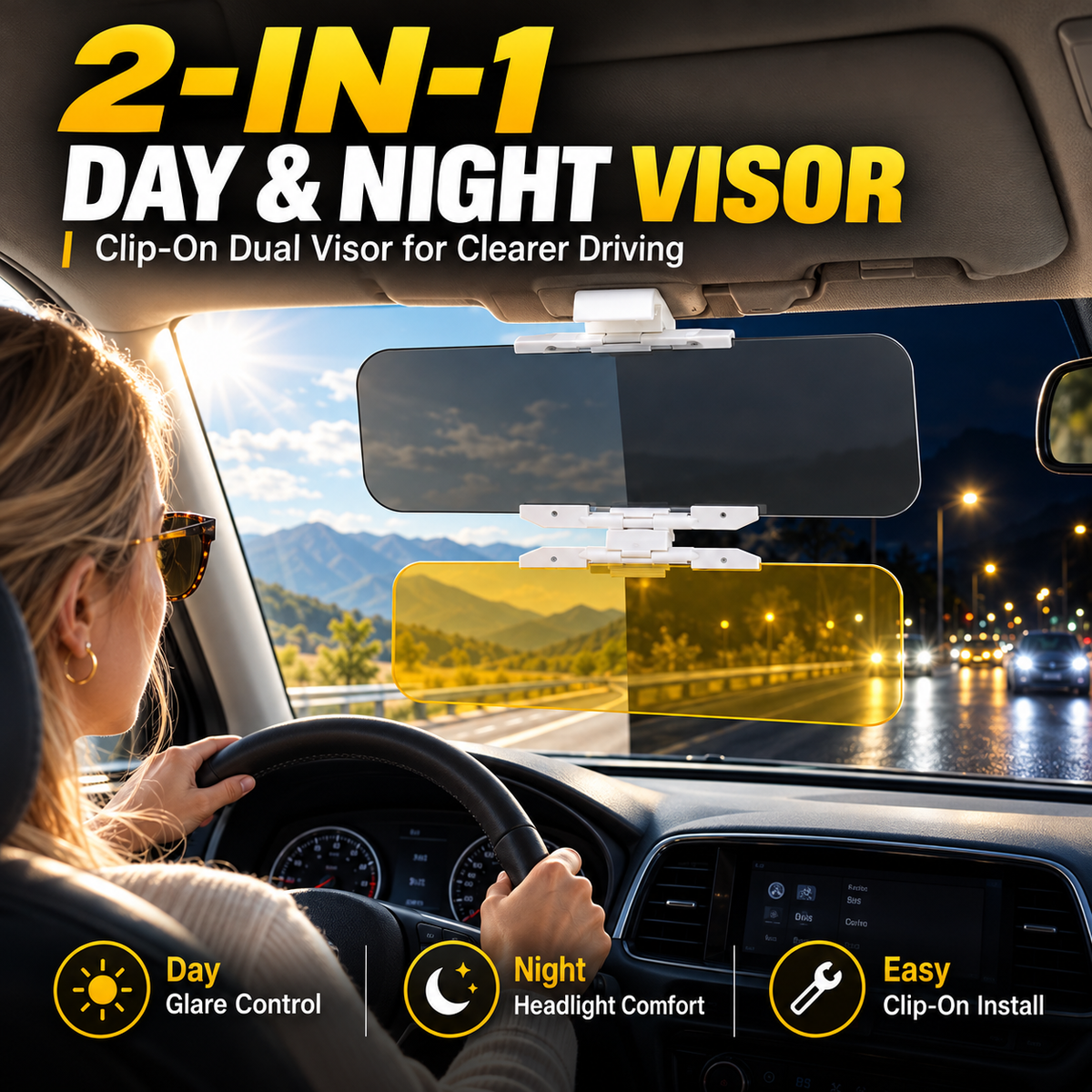 Reduce Glare Instantly! 2-in-1 Day & Night Clip-On Car Visor