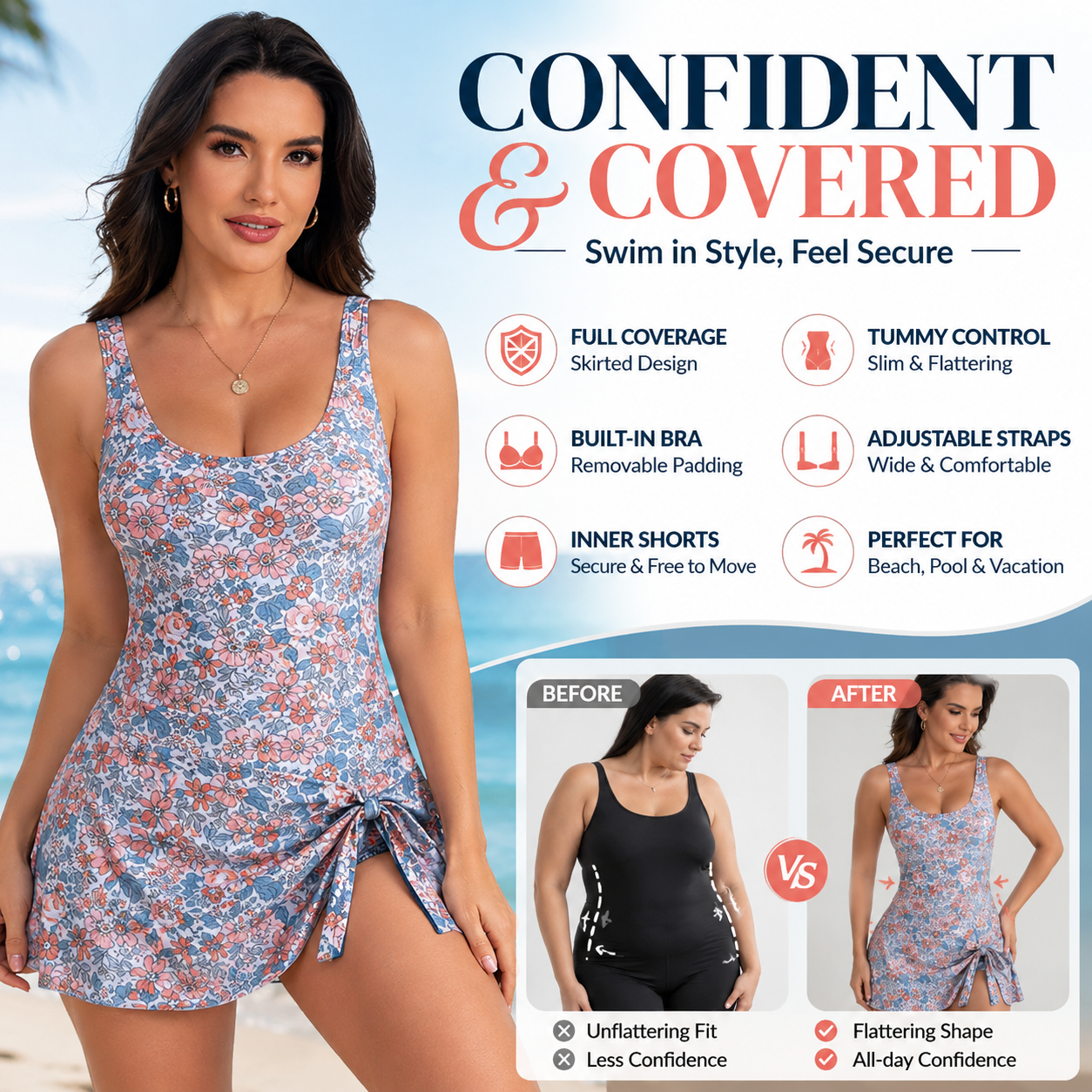 ✨ Women's Tummy Control Tie Knot Swimsuit with Skirt – Full Coverage & Built-in Bra – Summer Essential 🌊