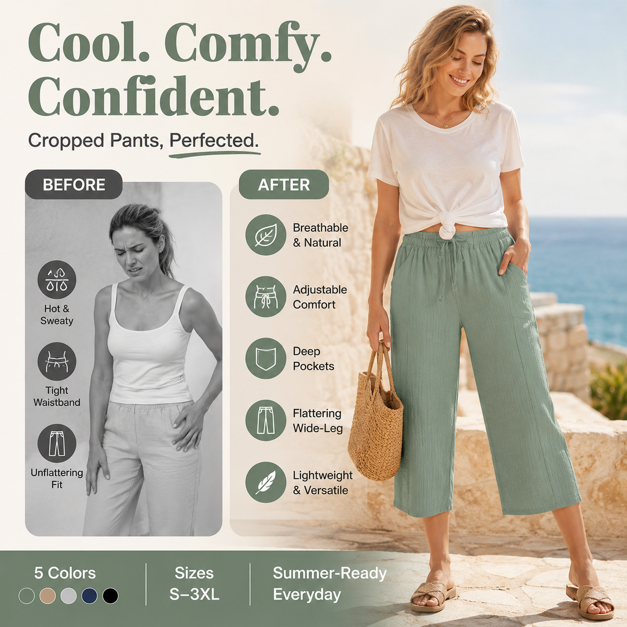 🍃 LIMITED-TIME 50% OFF! ✨ Women's Pleated Cropped Pants – Linen-Cotton, Wide-Leg, Comfortable 🌿