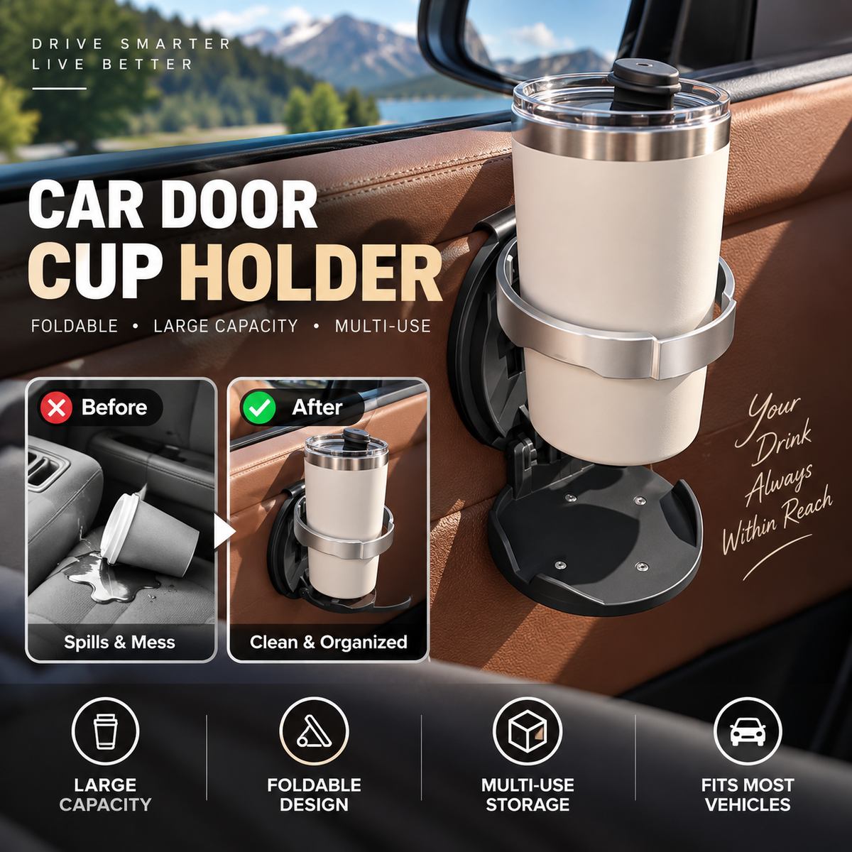 Add Storage Instantly! No-Drill Fold-Flat Car Cup Holder