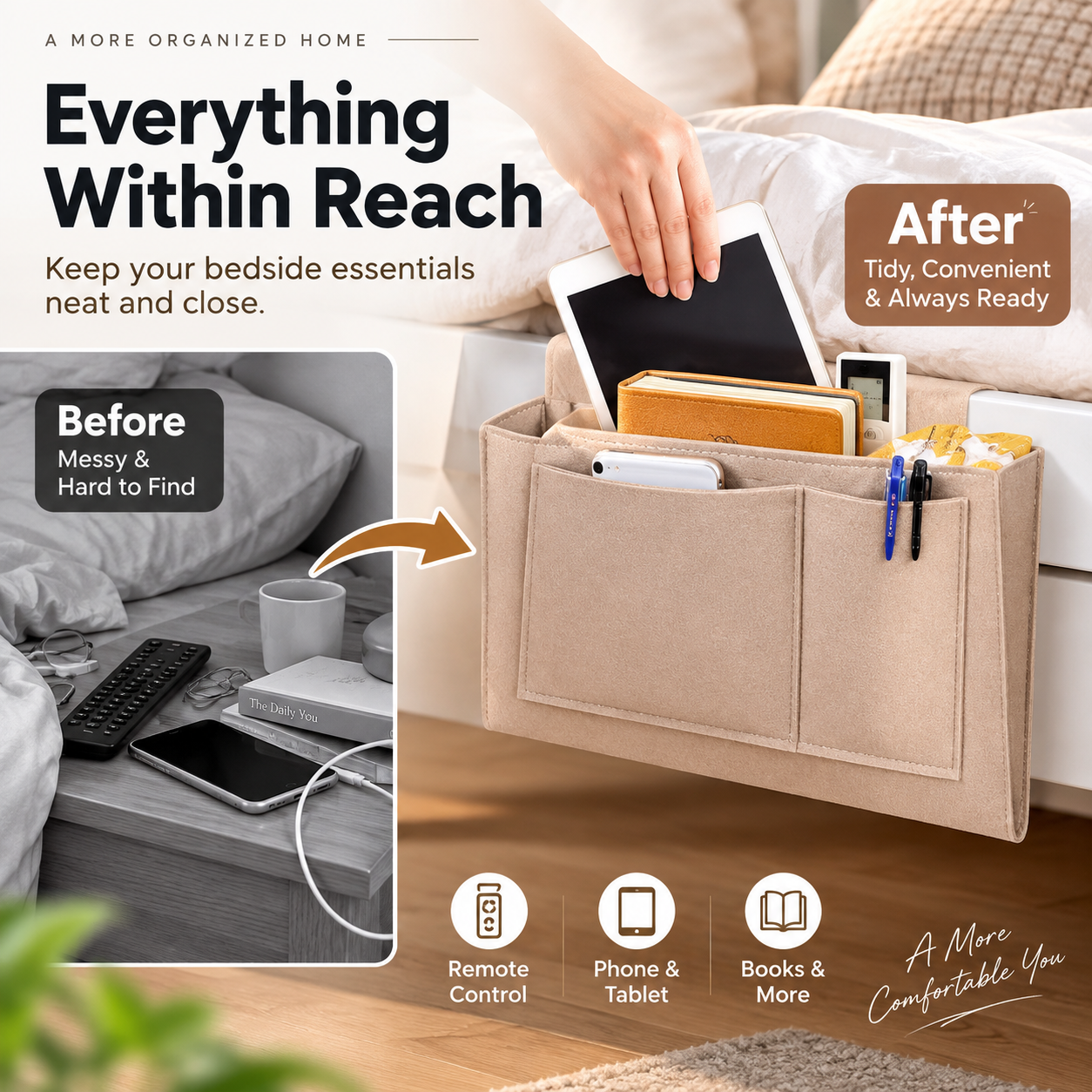 Organize Bedside Instantly! No-Tool Slide-In Storage Organizer