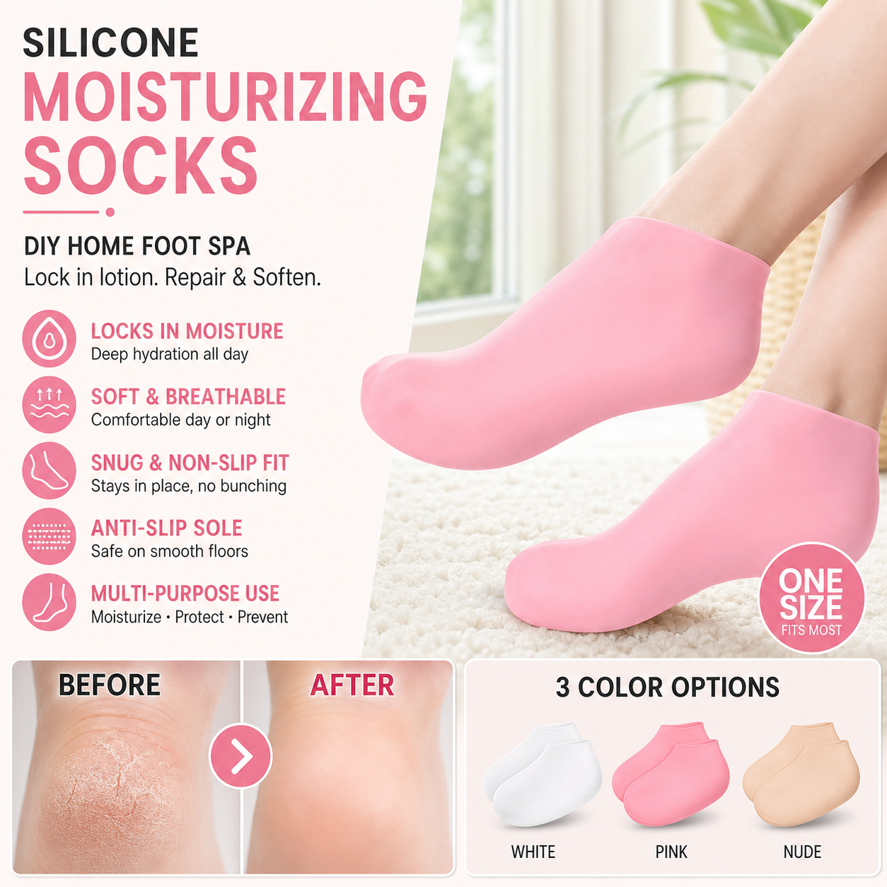 Only $8.9 BOGO！While Supplies Last📢Silicone Moisturizing Heel Socks – Anti-Slip & Cracked Skin Repair