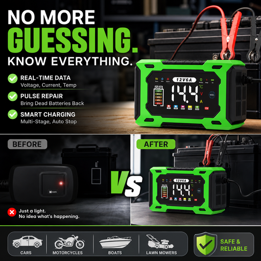 12V 6A Smart Battery Charger | Pulse Repair LCD Display for Cars Motorcycles & More
