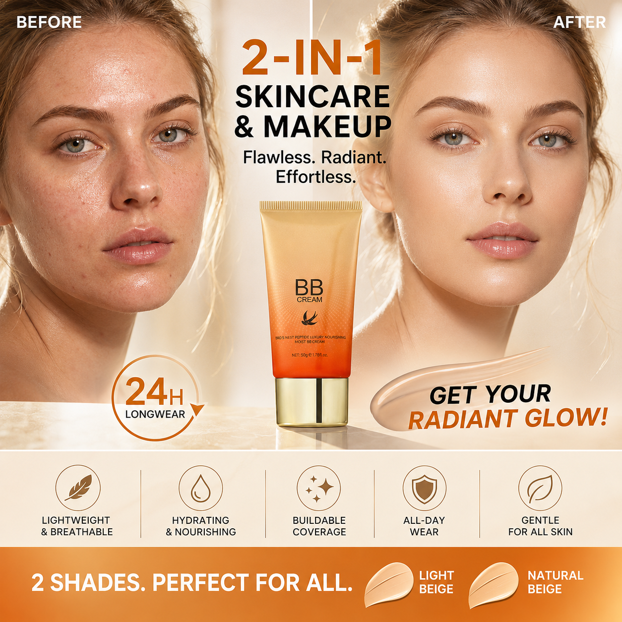 🏆 Buy 1 get 1 Free !!  🎁 🧡Hydrating BB Cream for a Flawless, Natural Finish