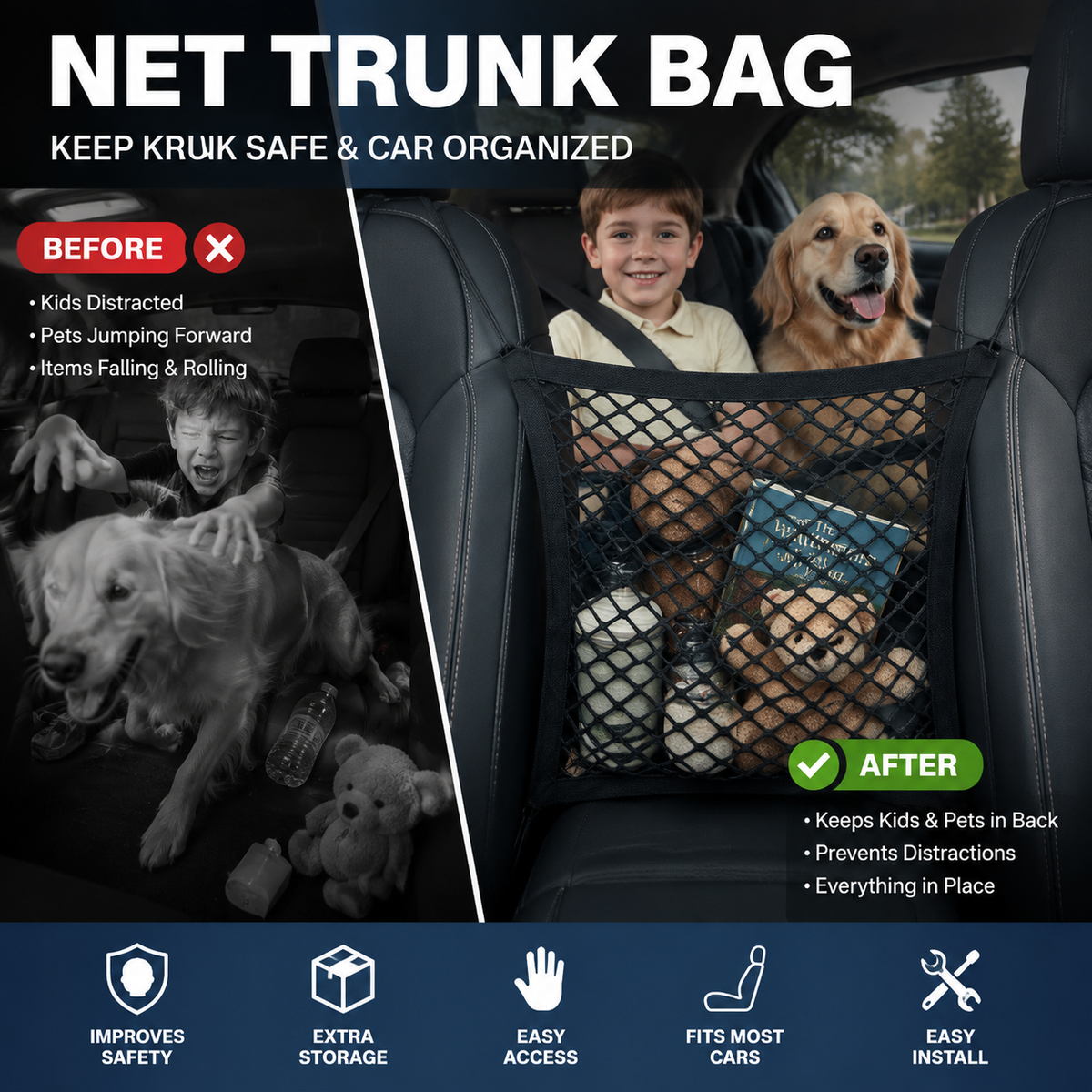 Keep Kids & Pets Back Instantly! Car Mesh Barrier Organizer