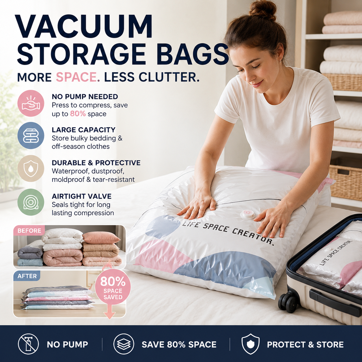 No-Pump Vacuum Storage Bags – Save 80% Space, Dry & Dust-Free🧳