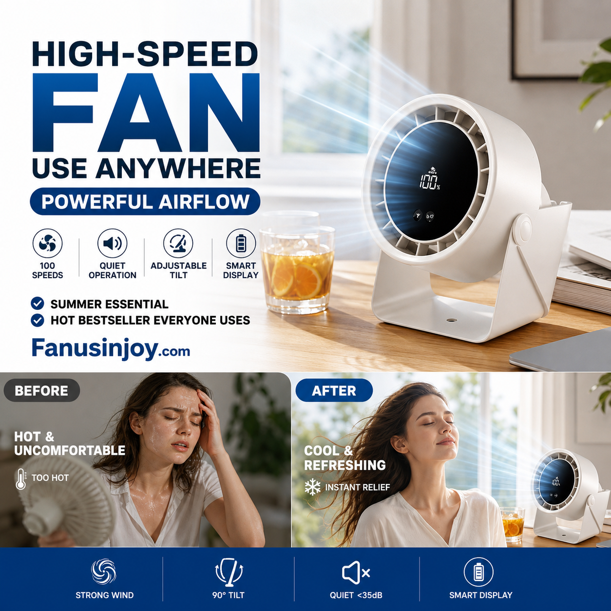 100-Speed Desk Fan – Stepless, Quiet & Dual-Use Design