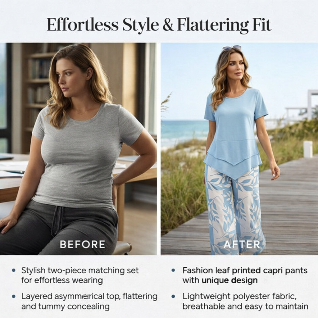 🎁2026 New Arrivals 50% OFF💥Women's 2-Piece Set – Layered Asymmetrical Tunic Top & Printed Wide Leg Pants, Breathable Polyester✨