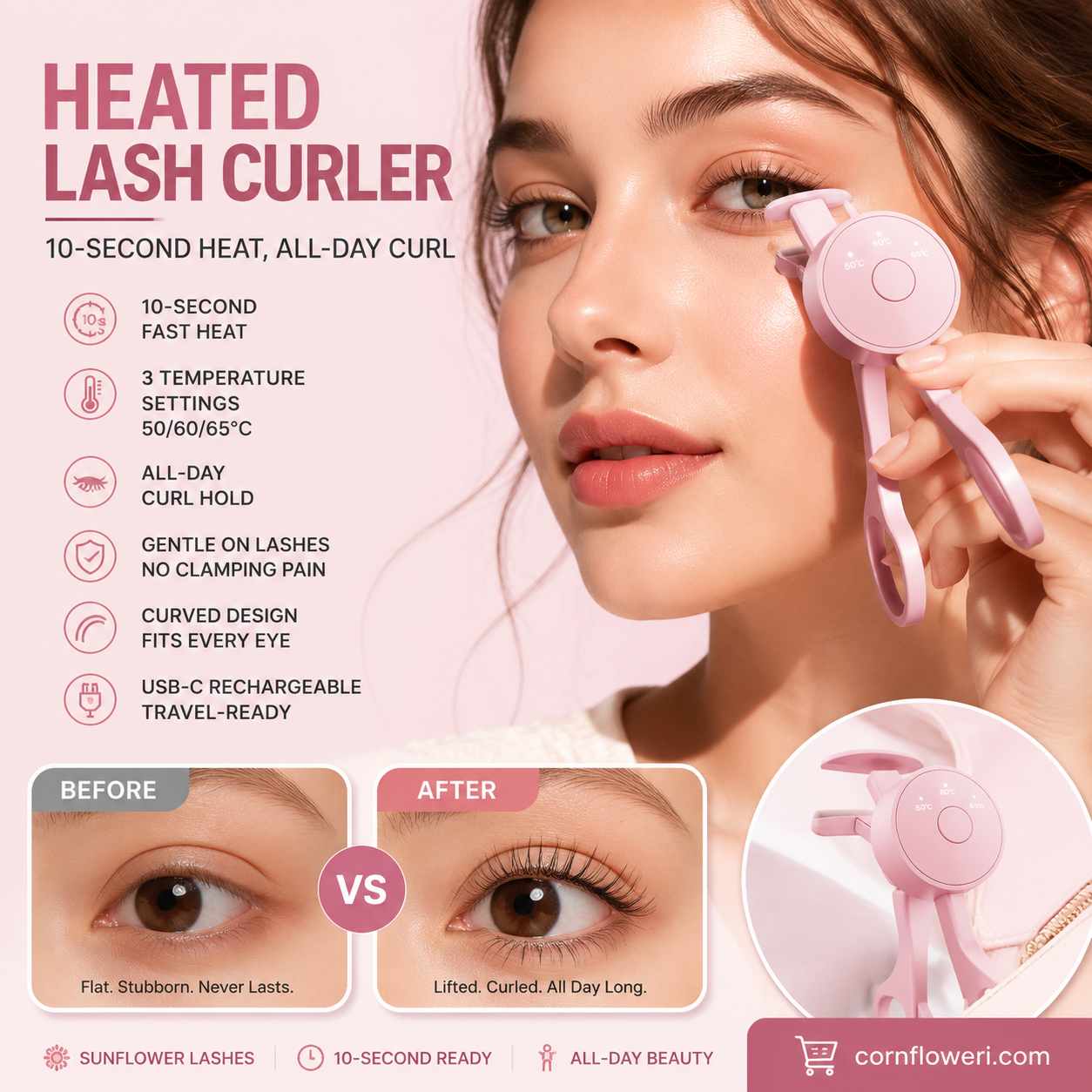 Heated Eyelash Curler – 3 Temps, Rechargeable & Portable