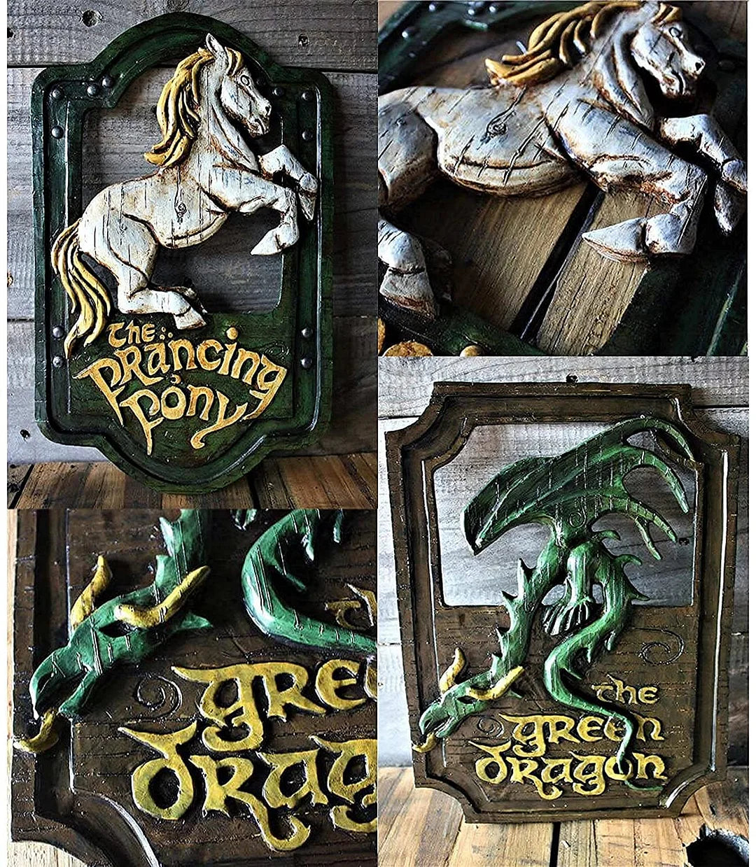 The Prancing Pony & The Green Dragon Pub Signs Set Handmade Bar Style -Lord of The Rings