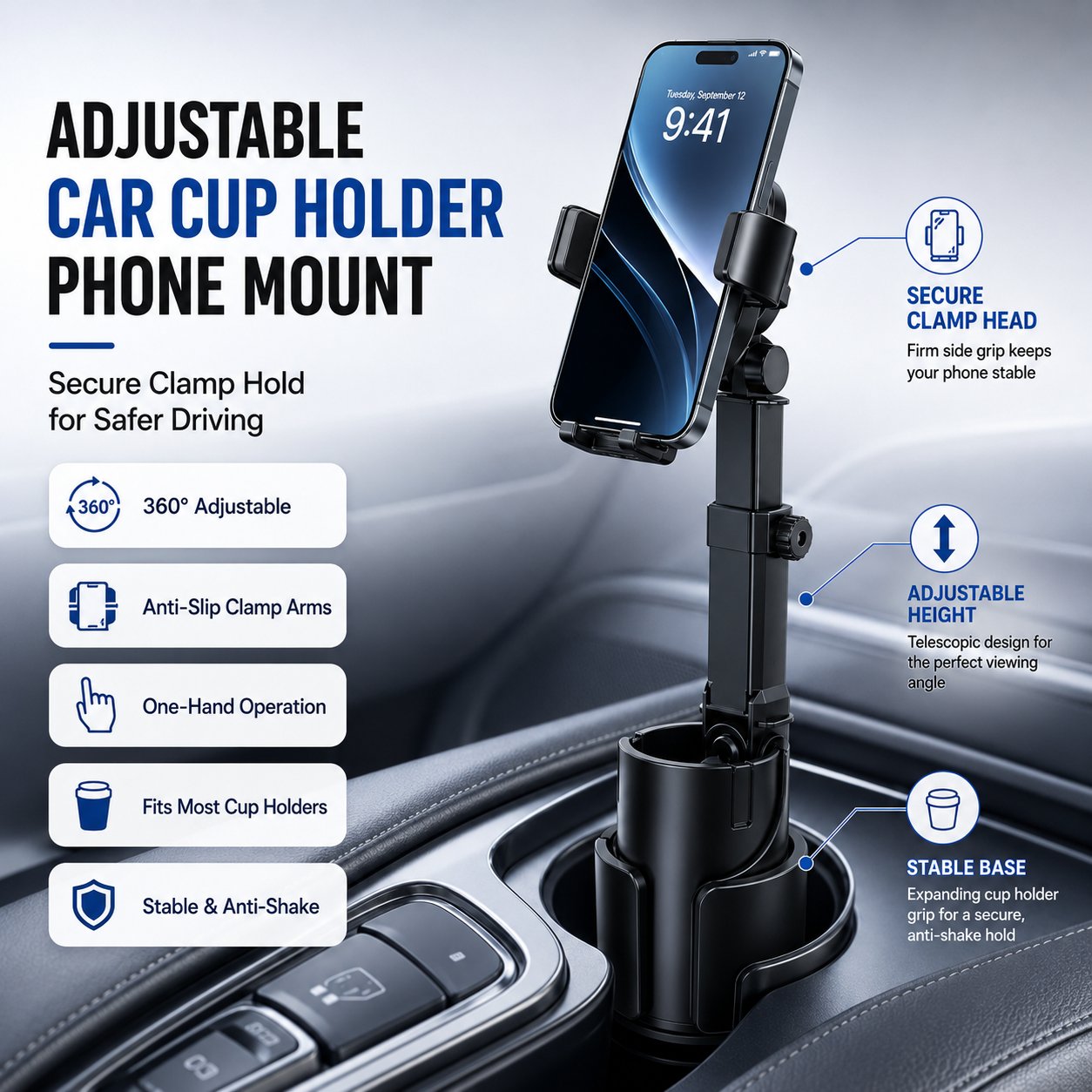 Cup Holder Phone Mount – 360° Stable & Adjustable Design, No More Flimsy Suction Drops