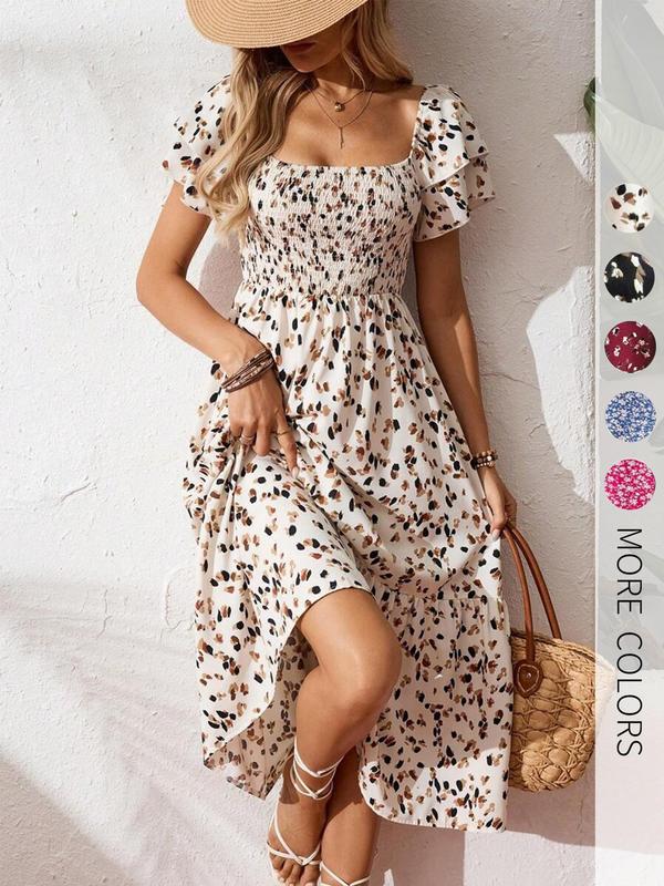 Smocked Floral Midi Dress – Square Neck & Flowy Tiers