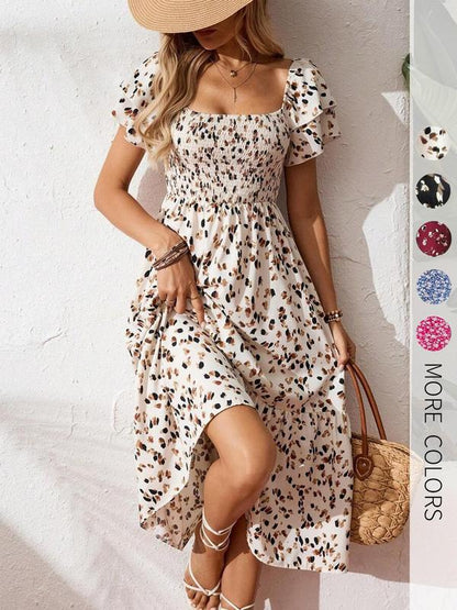 Smocked Floral Midi Dress – Square Neck & Flowy Tiers