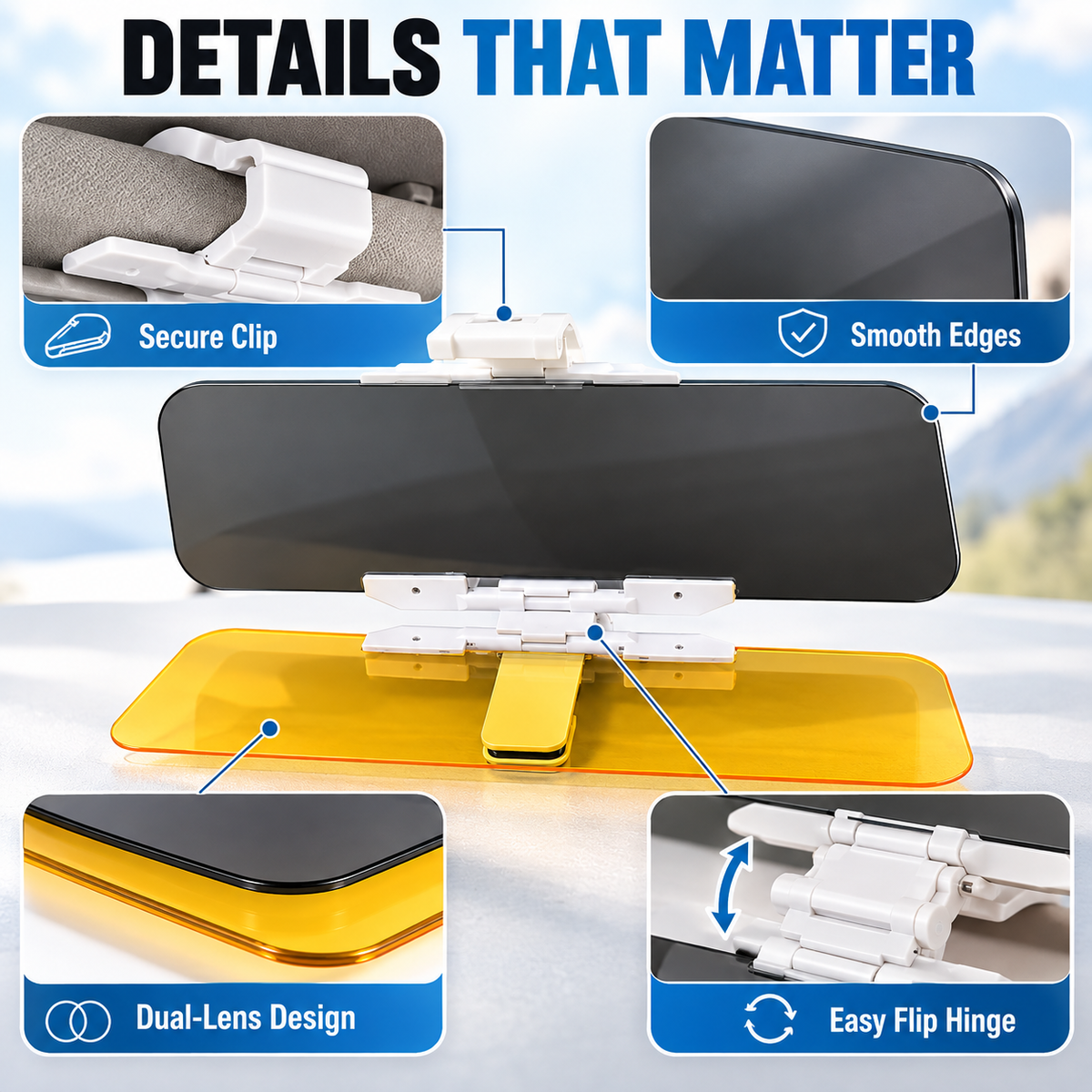 Reduce Glare Instantly! 2-in-1 Day & Night Clip-On Car Visor