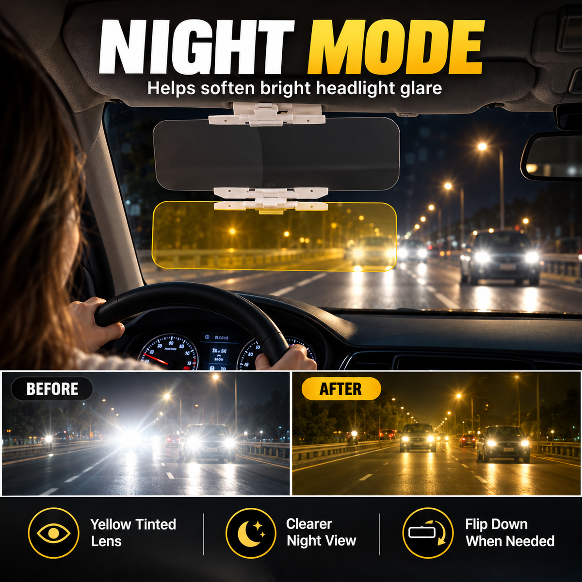 Reduce Glare Instantly! 2-in-1 Day & Night Clip-On Car Visor