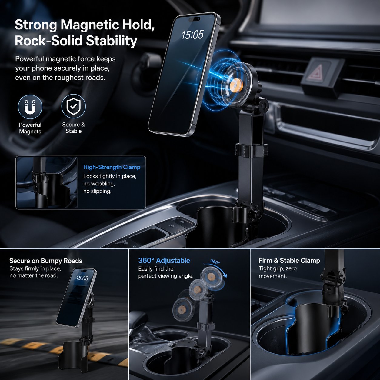 Cup Holder Phone Mount – 360° Stable & Adjustable Design, No More Flimsy Suction Drops