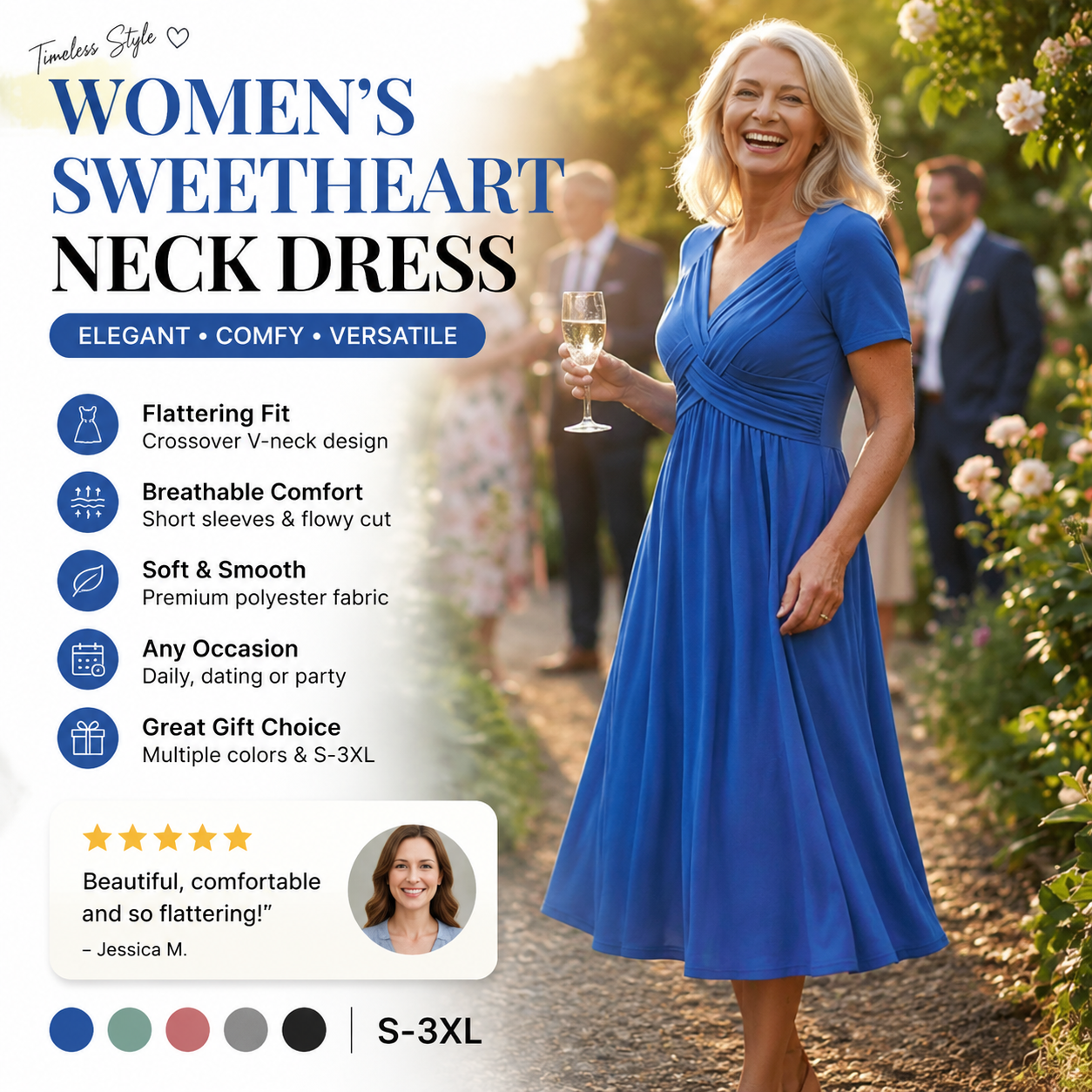V-Neck Short Sleeve Dress – Flowy Fit, Timeless Charm