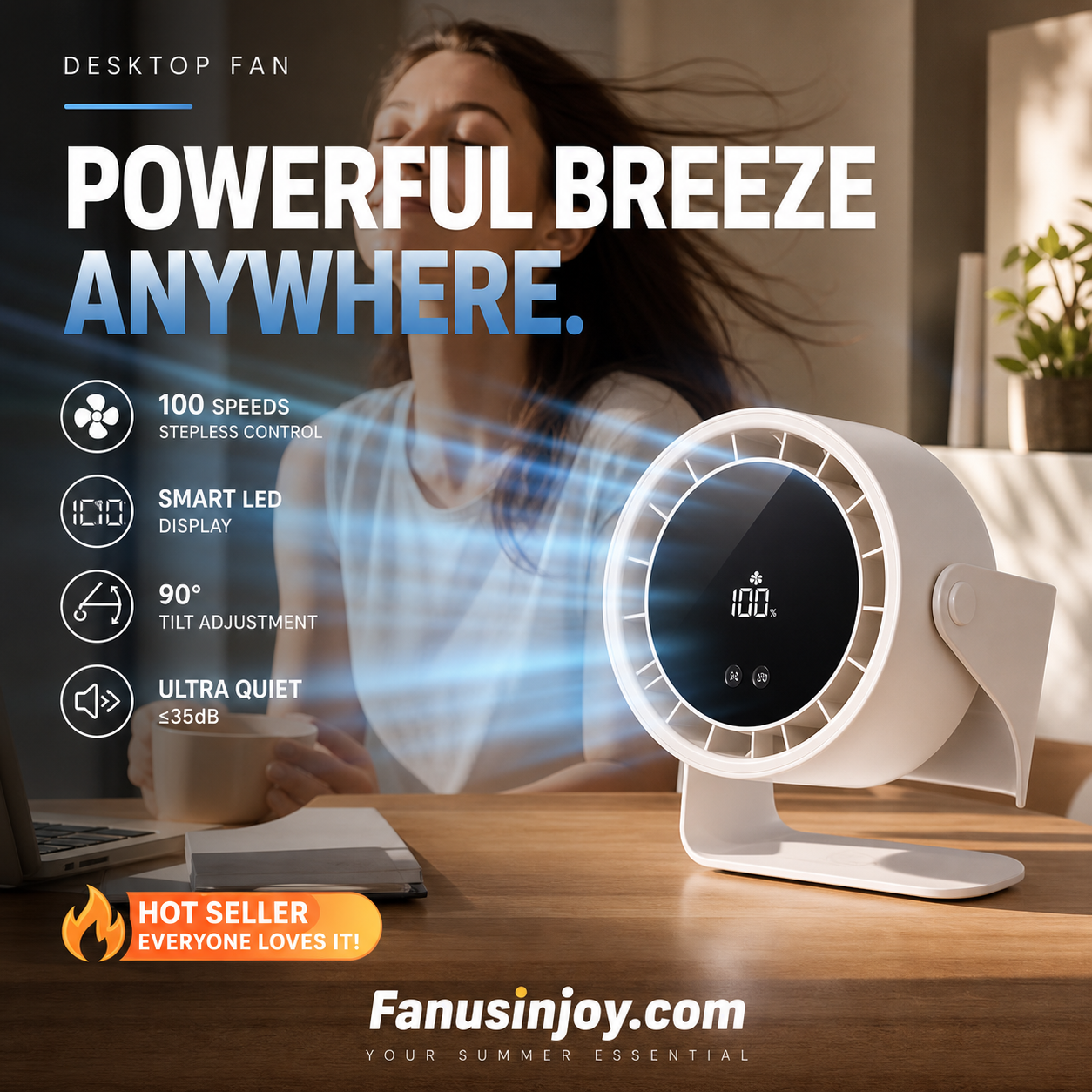 100-Speed Desk Fan – Stepless, Quiet & Dual-Use Design