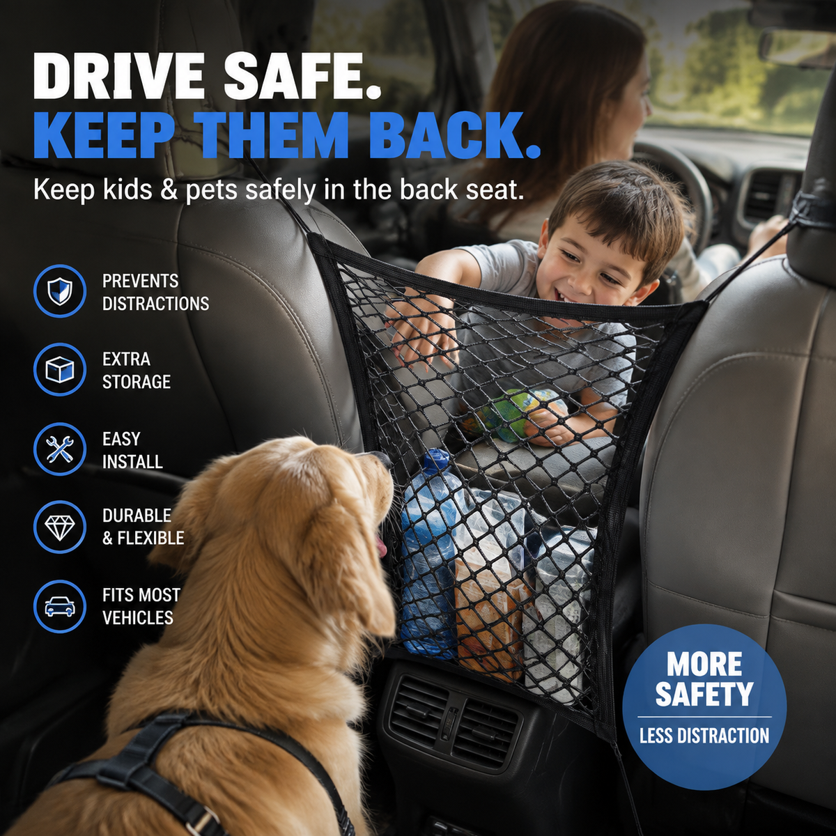 Keep Kids & Pets Back Instantly! Car Mesh Barrier Organizer