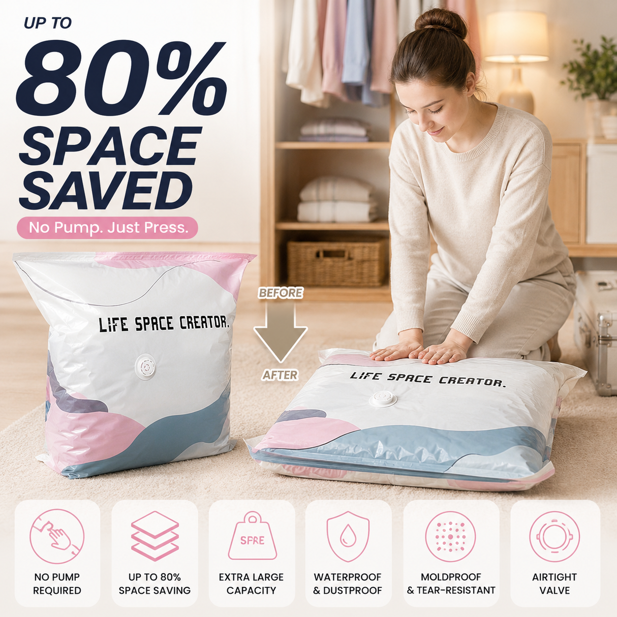 No-Pump Vacuum Storage Bags – Save 80% Space, Dry & Dust-Free🧳