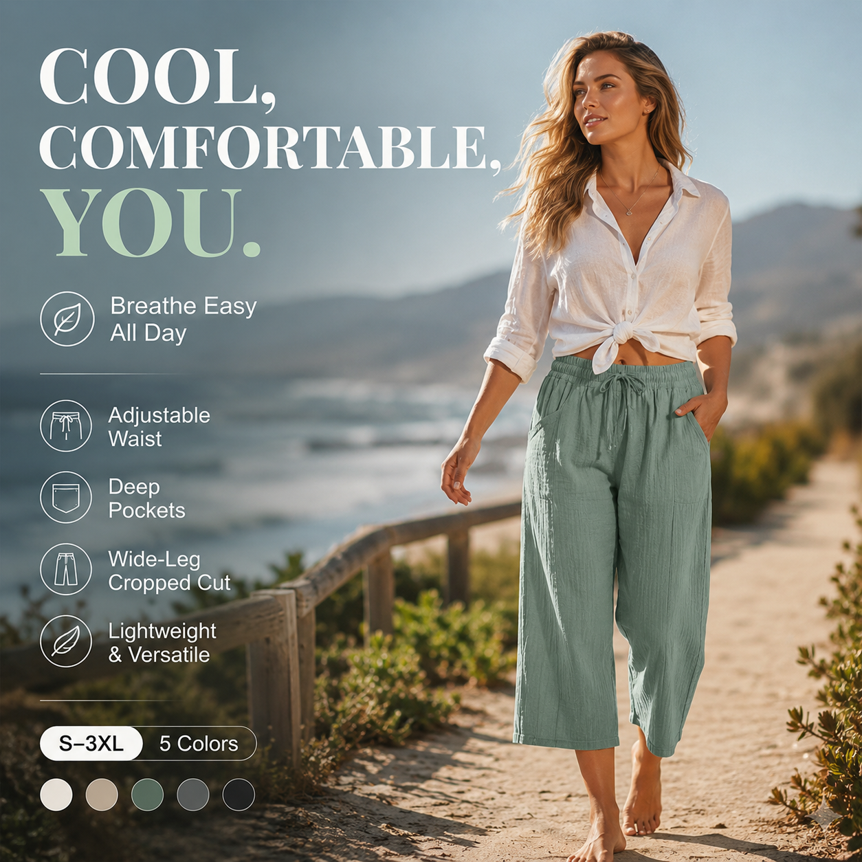 🍃 LIMITED-TIME 50% OFF! ✨ Women's Pleated Cropped Pants – Linen-Cotton, Wide-Leg, Comfortable 🌿