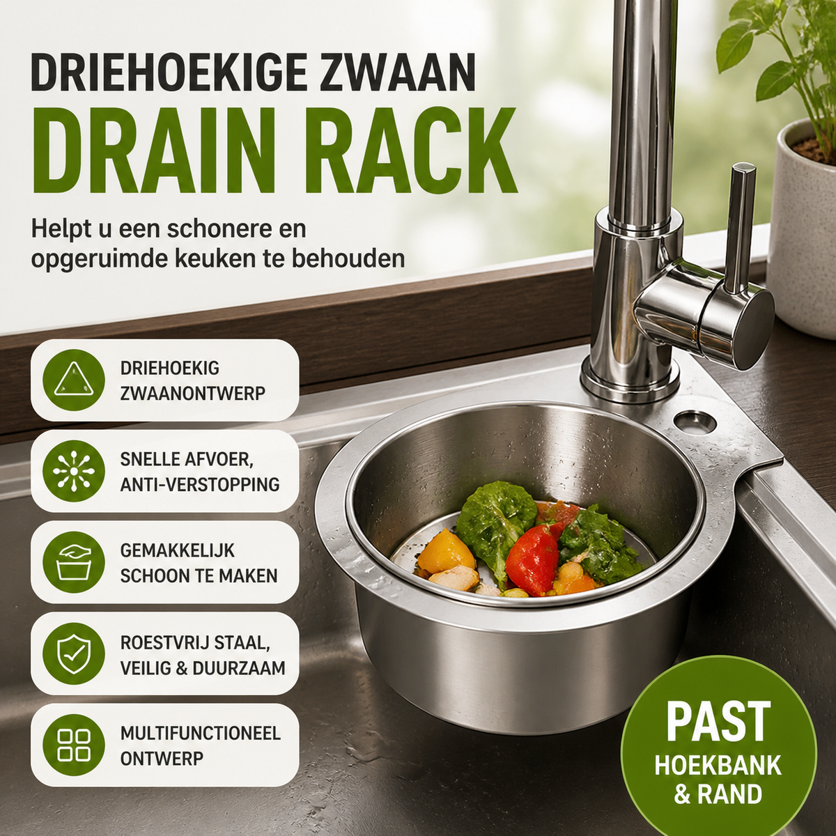 Catch Food Scraps Instantly! No-Clog Swan Corner Strainer