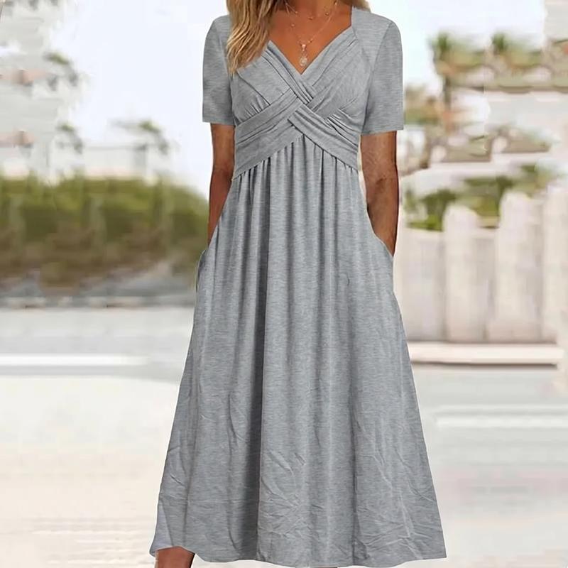V-Neck Short Sleeve Dress – Flowy Fit, Timeless Charm