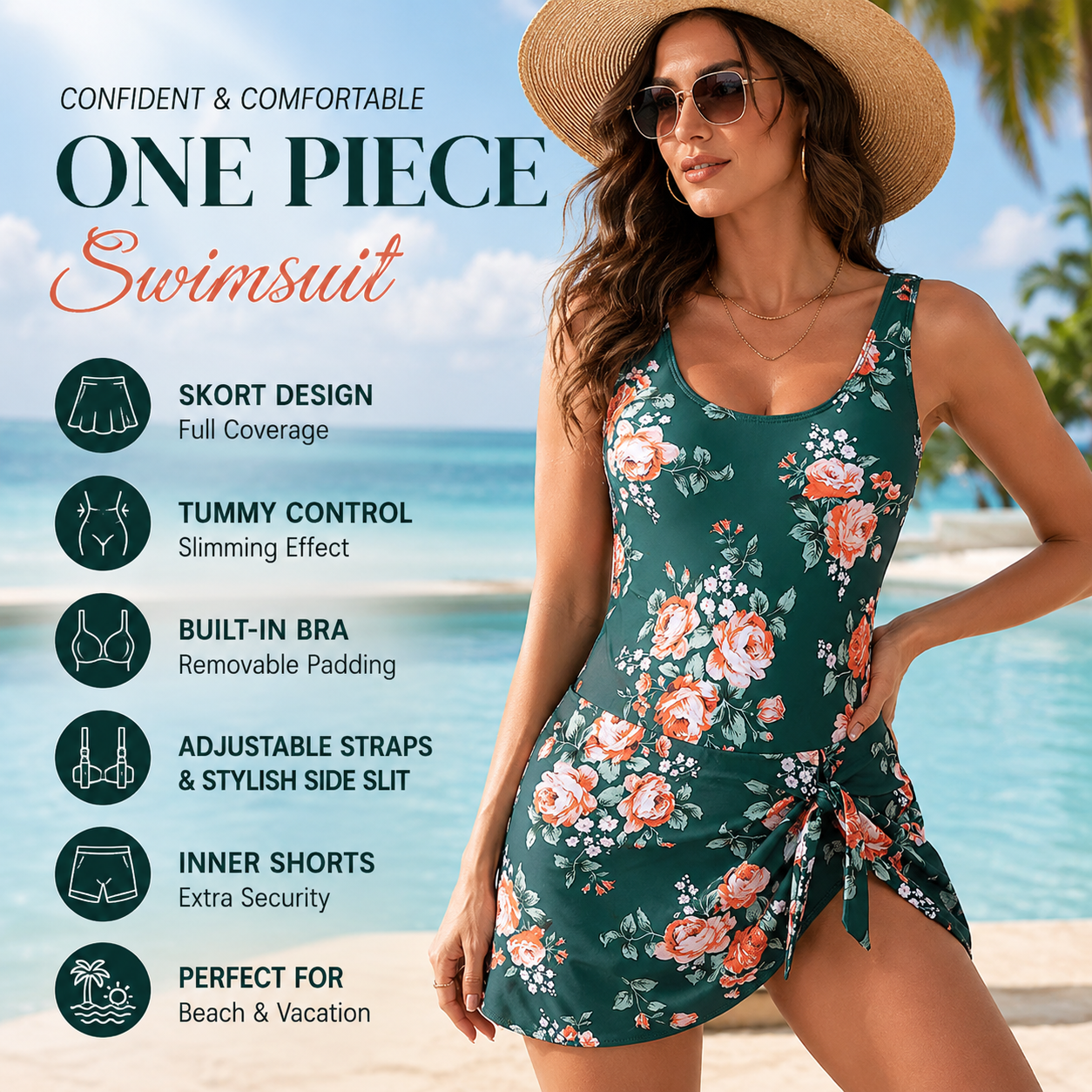 ✨ Women's Tummy Control Tie Knot Swimsuit with Skirt – Full Coverage & Built-in Bra – Summer Essential 🌊