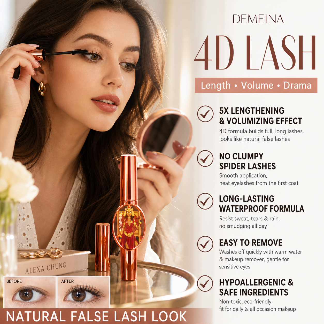 4D Lengthening & Volumizing Waterproof Mascara – Smudge-Proof & Natural Look