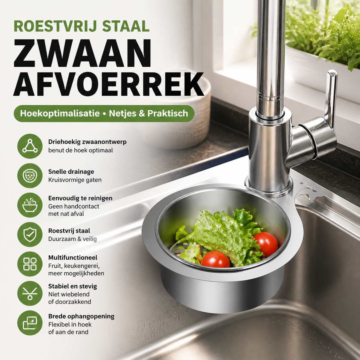 Catch Food Scraps Instantly! No-Clog Swan Corner Strainer