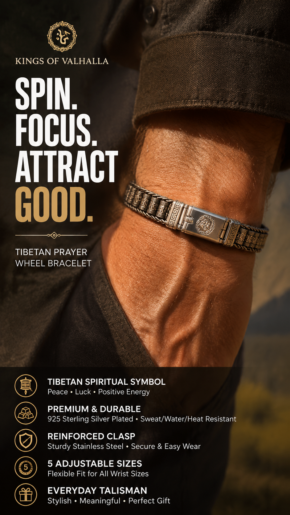 Ancient Prayer Wheel Bracelet – Anti-Corrosion Alloy, Sterling Silver Plated, Lucky Charm