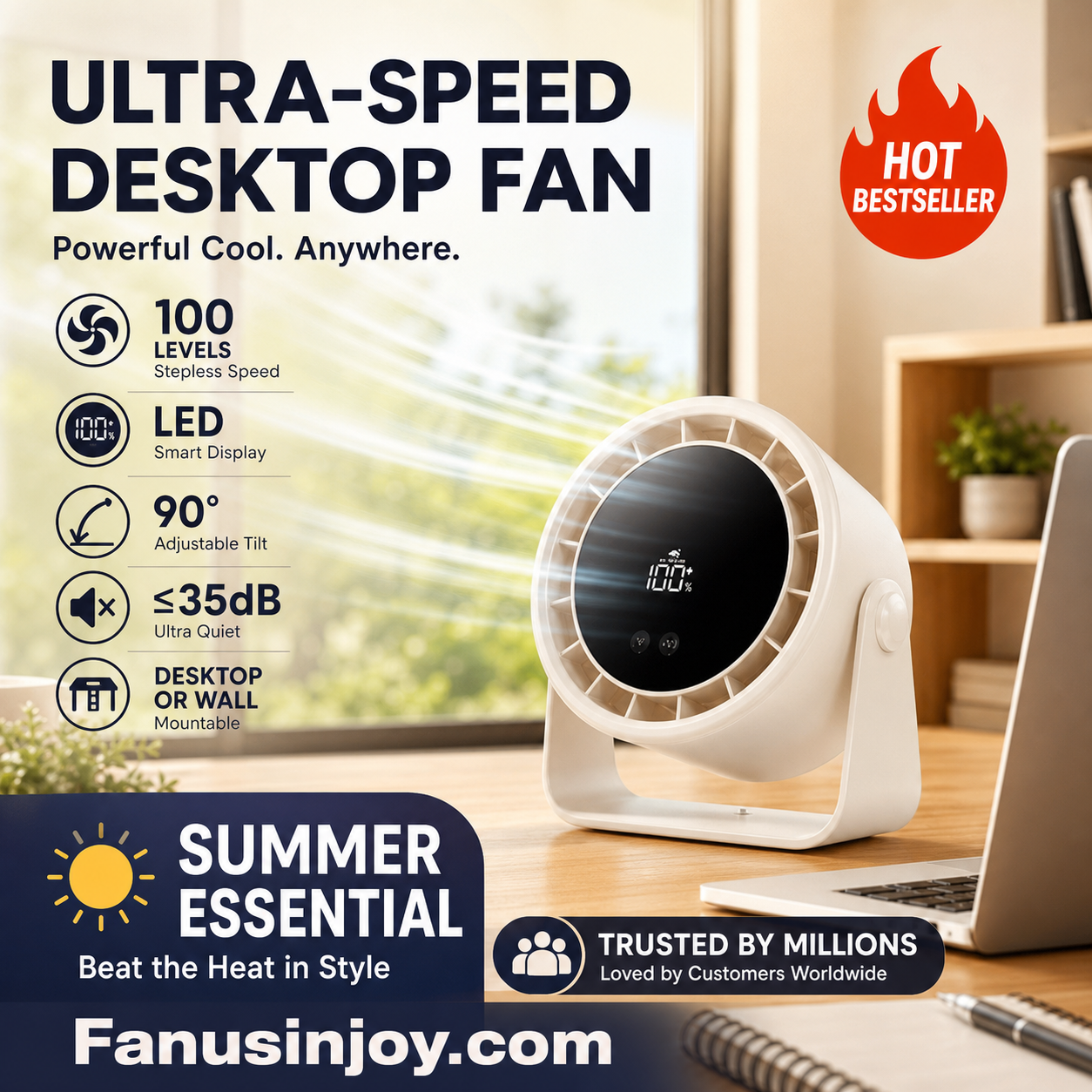 100-Speed Desk Fan – Stepless, Quiet & Dual-Use Design