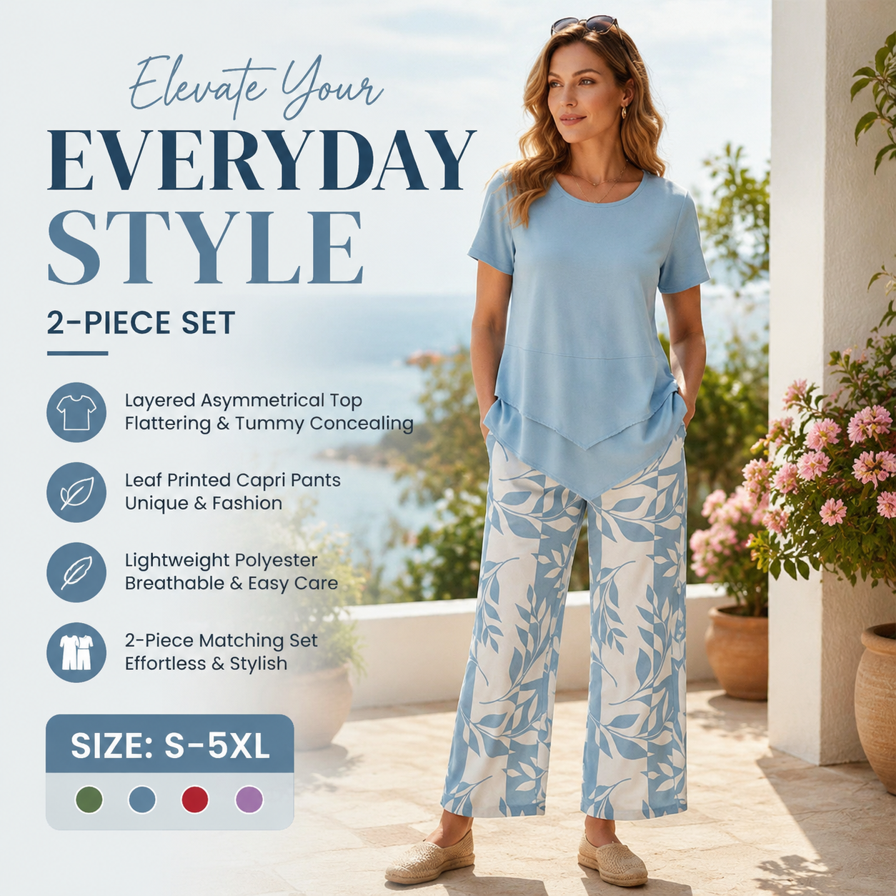 🎁2026 New Arrivals 50% OFF💥Women's 2-Piece Set – Layered Asymmetrical Tunic Top & Printed Wide Leg Pants, Breathable Polyester✨