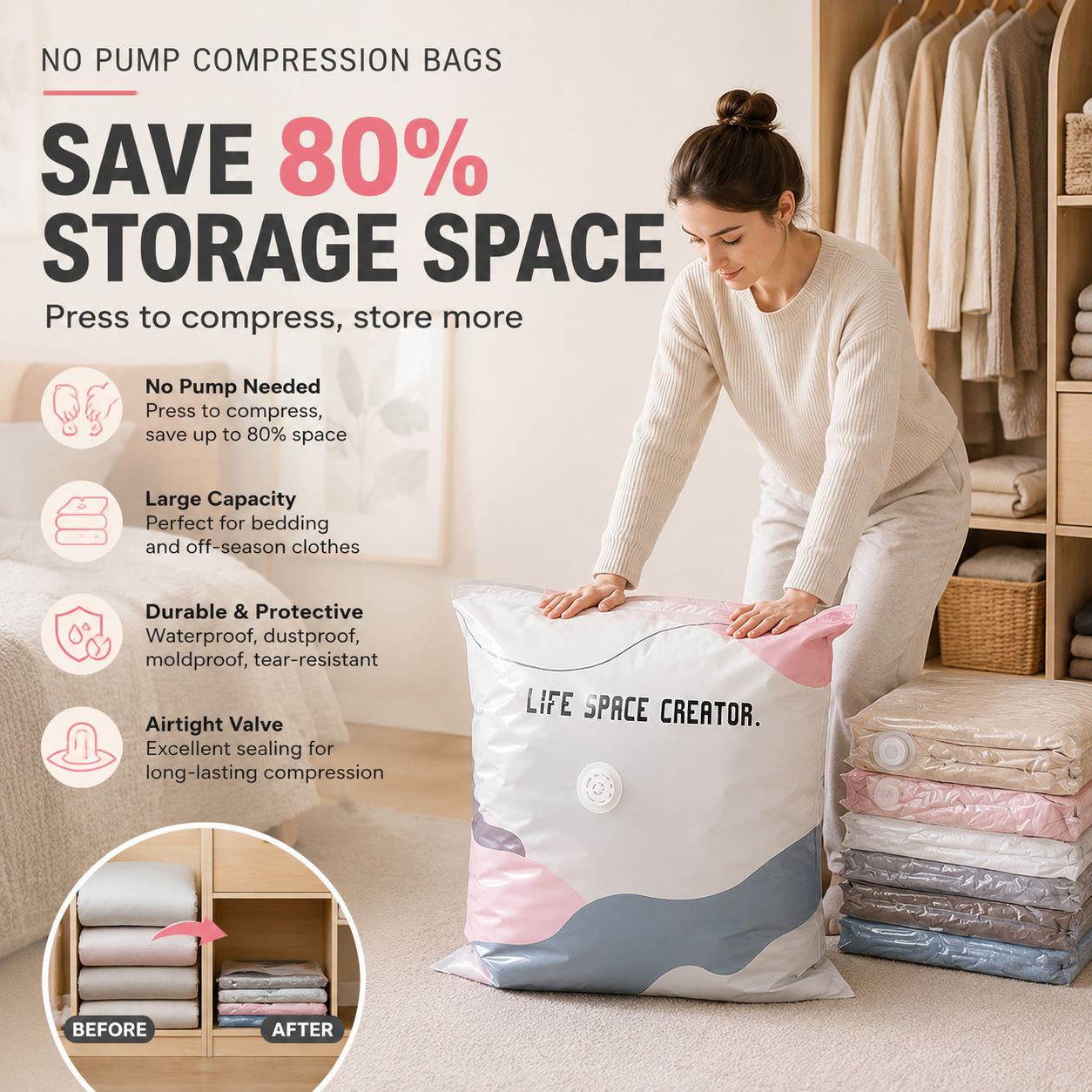 No-Pump Vacuum Storage Bags – Save 80% Space, Dry & Dust-Free🧳