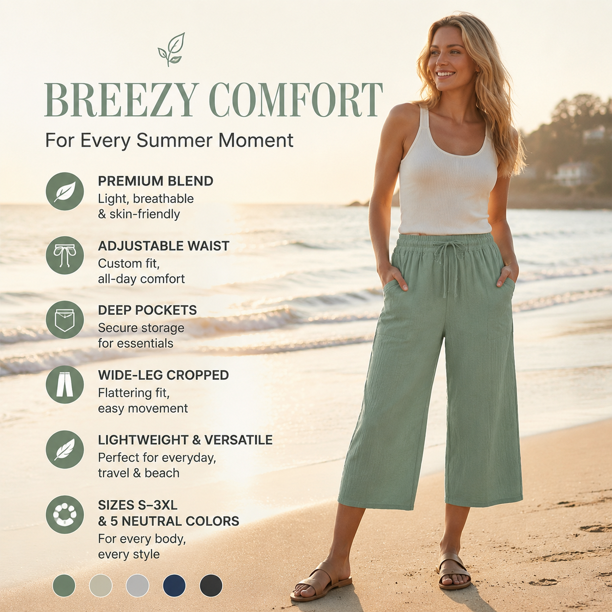 🍃 LIMITED-TIME 50% OFF! ✨ Women's Pleated Cropped Pants – Linen-Cotton, Wide-Leg, Comfortable 🌿